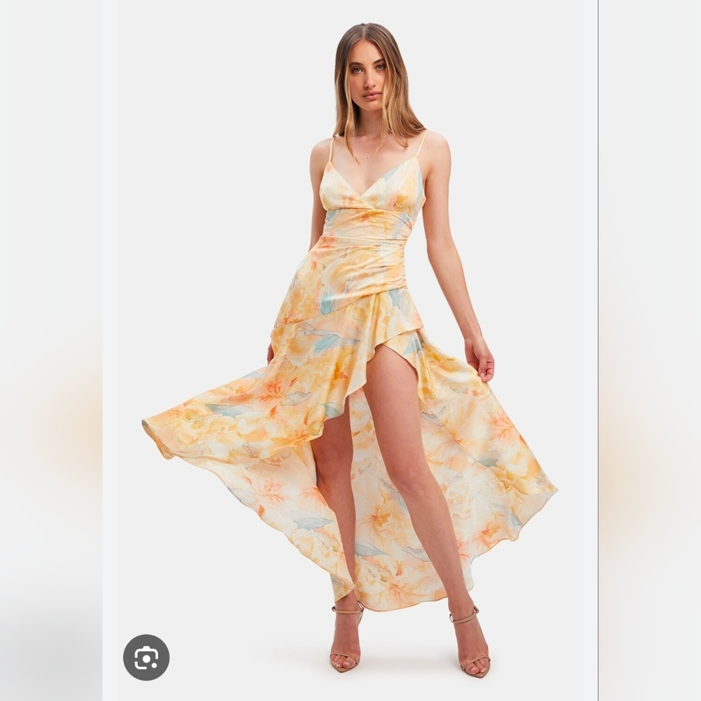 Bardot Revolve Cut Out Floral Frill High Low Dress in Yellow and Blue Size XL